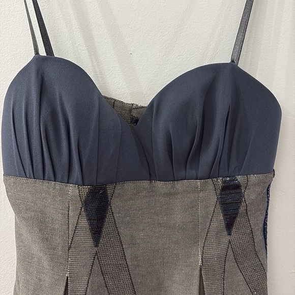 Paola Frani Blue and Gray Pleated Mini Dress - size 6 - beaded - padded bra - Picture 2 of 9